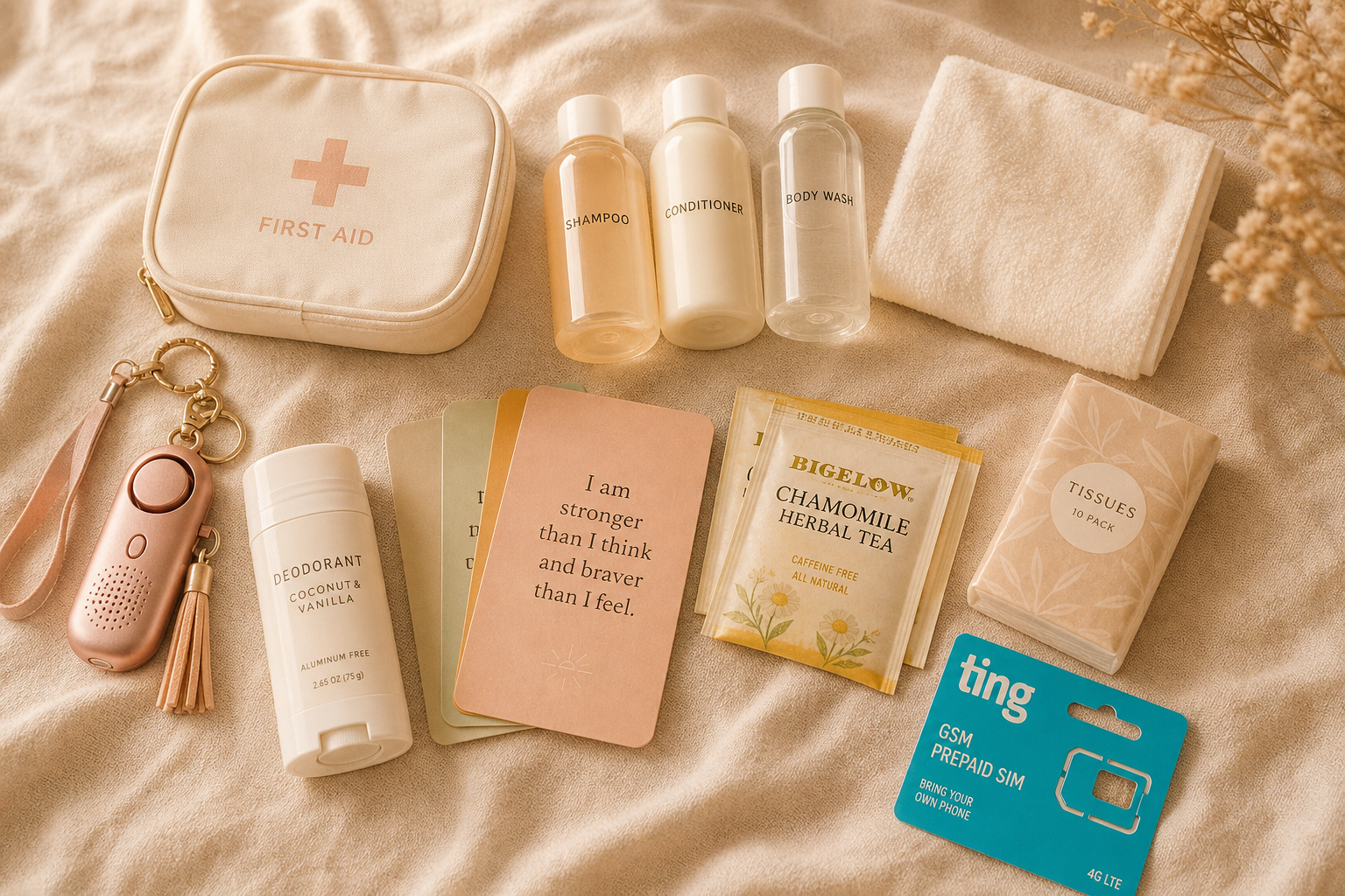 Flat lay of Escape Bag contents and essentials