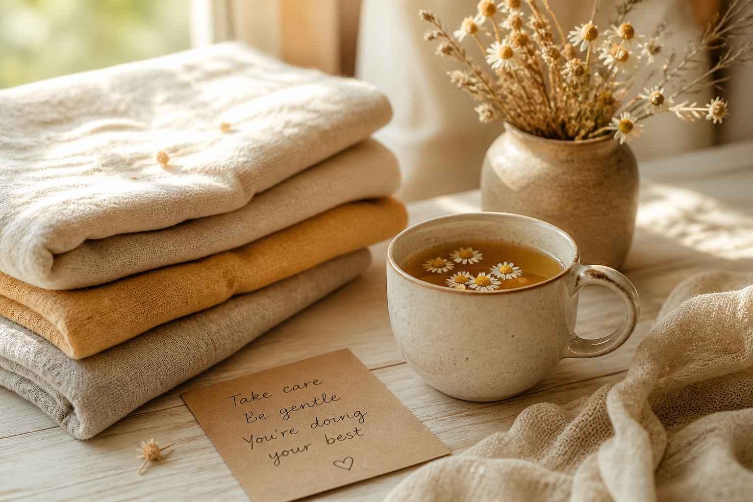Warm still life with tea, towels, and soft light
