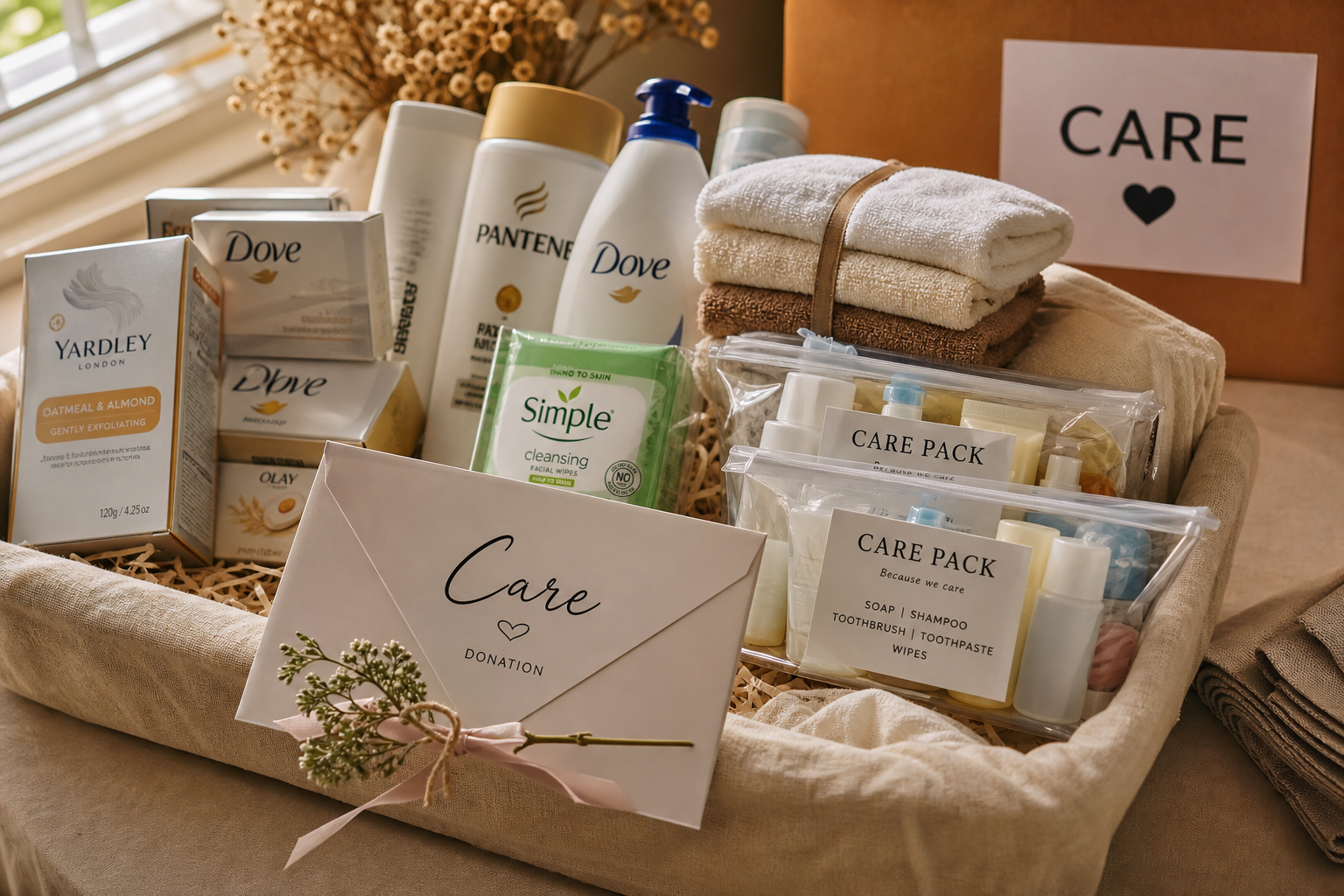 Donation care supplies arranged for Escape Bags