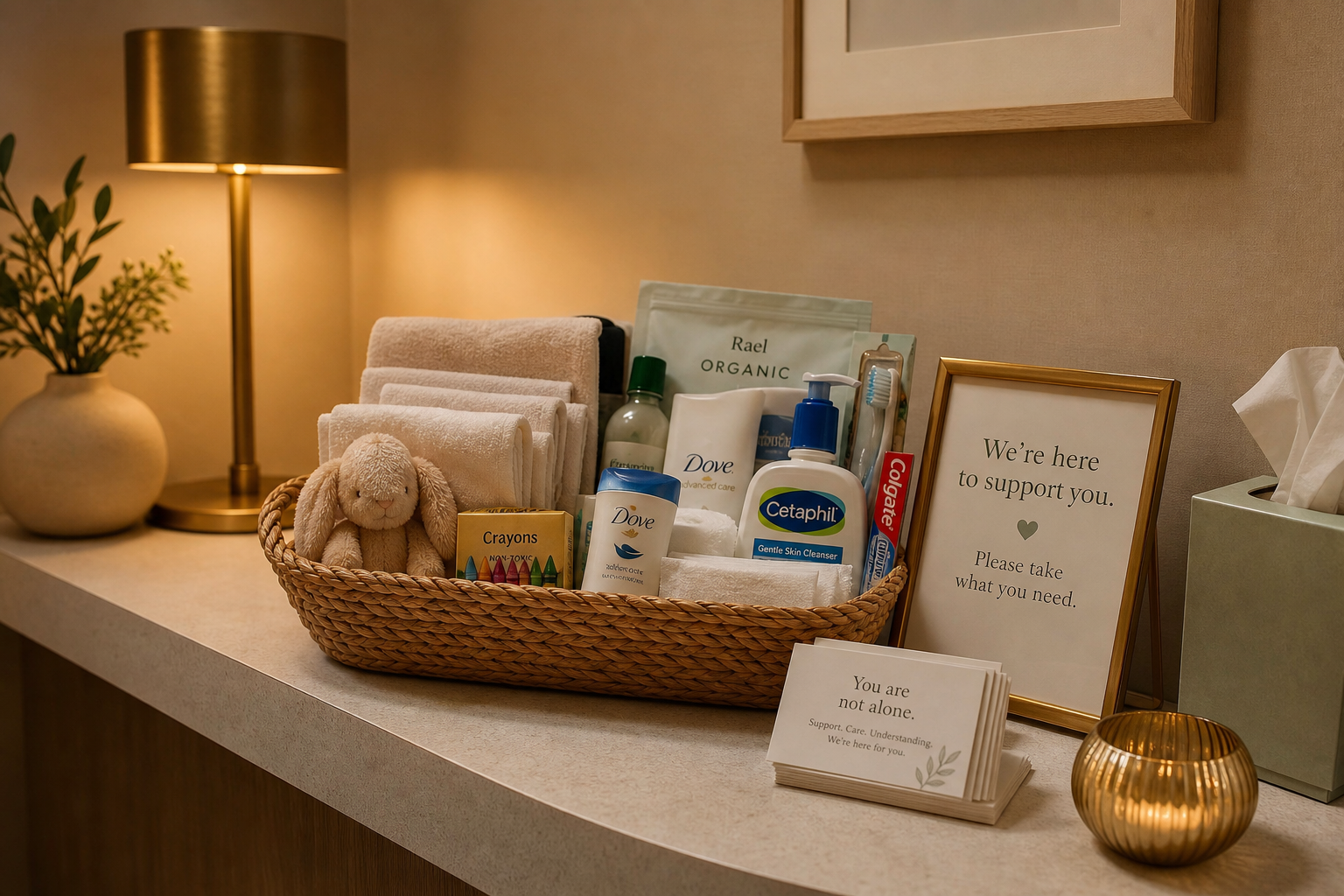 Quiet reception corner with prepared care supplies