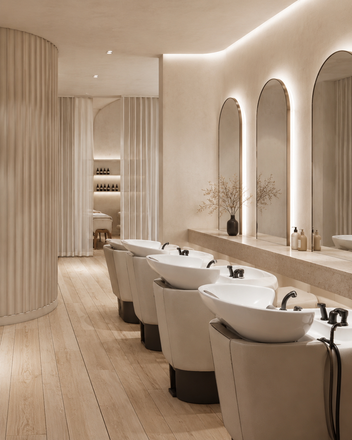 Hair and wash suite with arched mirrors
